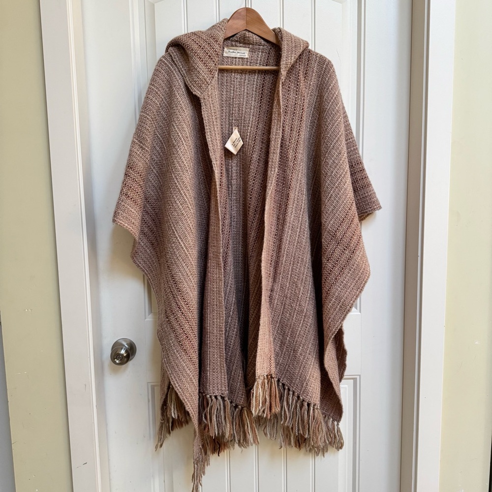 Handwoven Wool Beige, Brown, Orange Hooded Open Poncho Wrap. One Size